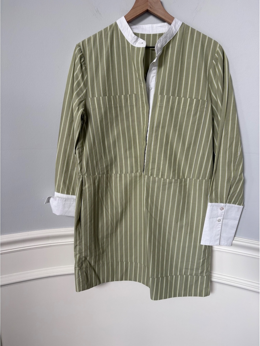Pomander Place Tuckernuck Rohan Stripe Mini Shirt Dress Olive Green White S NWOT
